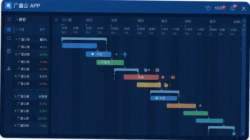 广盛公APP的业务进度看板界面,主体为甘特图或时间轴样式,布局横向滚动,排版紧凑,风格为科技蓝,细节显示不同颜色代表不同状态的进度条,画质锐利,无多余装饰,干净