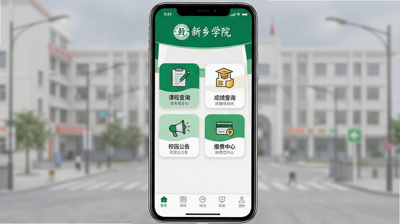 ����Ϊ����ѧԺAPP�Ľ���ȫ��ͼ�����ֲ��ñ�ƽ����ƣ�������ʾ������ѧԺ��Logo���в�չʾ���γ̲�ѯ�������ɼ���ѯ������У԰���桱�����ɷ����ġ��ĸ����Ĺ�����ڣ��ײ�Ϊ����������������ִ���ɫ����У���̺Ͱ�ɫΪ����ϸ�ڴ����ָ����ʸУ�����4K���ɾ��޶���Ԫ�أ����������ɼ�