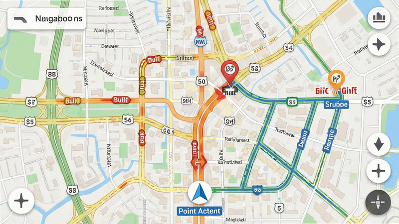 主体为城市道路导航地图,布局突出主干道与备选路线,排版直观易懂,风格写实地图风,细节显示拥堵颜色标识与终点标记,画质细腻,干净,无多余元素
