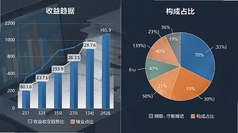 主体为收益数据柱状图与饼图,布局左右分栏,左侧为趋势图,右侧为构成占比,排版商务风格,细节包含数字标签与图例说明,画质清晰,干净,无多余元素