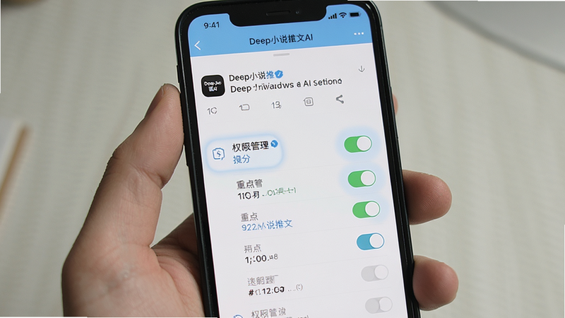 主体为手机屏幕显示Deep小说推文AI设置界面,布局简洁,重点突出权限管理选项,排版清晰,风格为极简主义,细节显示开关按钮状态,画质清晰,干净,文字包含