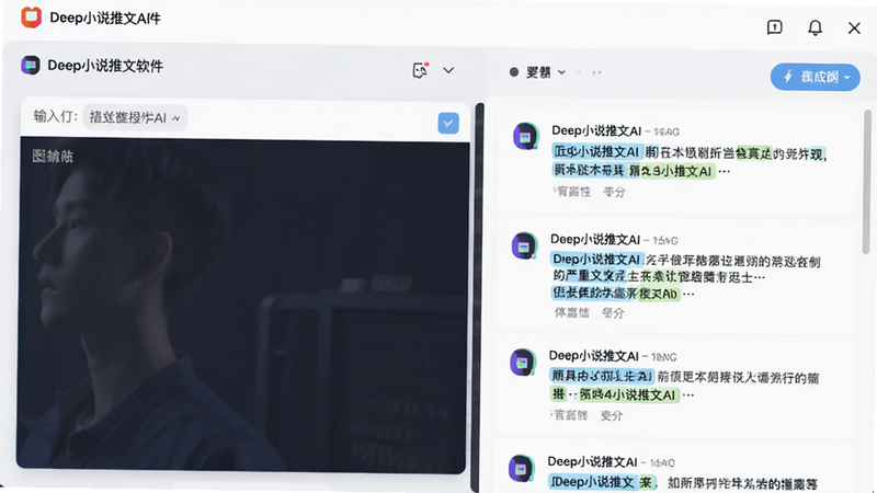主体为Deep小说推文AI软件界面,布局清晰,左侧显示输入框,右侧展示生成的推文大纲列表,排版整洁,风格为现代科技扁平化,细节包含高亮的关键词标签,画质高清,干净无多余元素,文字包含