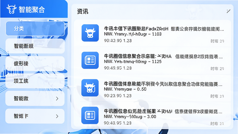主体为牛讯圈信息聚合功能示意图,布局为左侧分类列表右侧详细资讯列表的并列结构,风格为科技蓝白色调,细节展示不同类别的新闻图标和实时时间戳,画质清晰,干净,无多余元素,文字标签