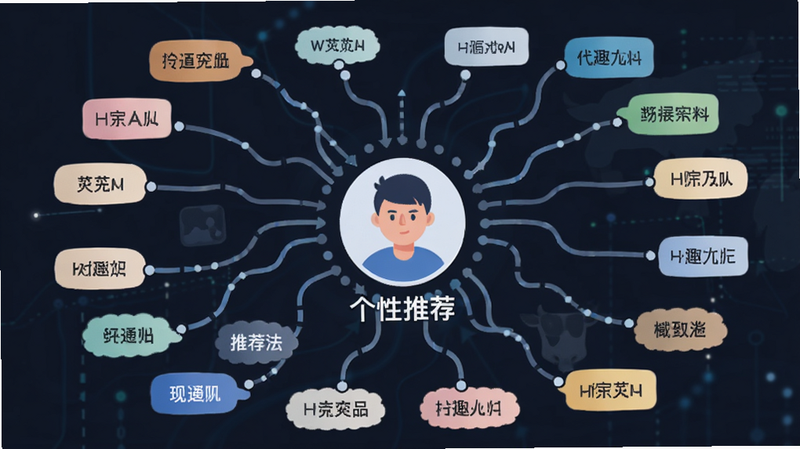 主体为牛讯圈个性化推荐算法概念图,布局为中心辐射状结构,中心为用户头像周围环绕各类兴趣标签,风格为扁平化插画,细节展示数据流动的线条和连接点,画质高,干净,无多余元素,文字标注