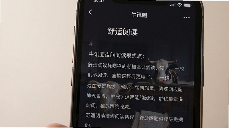 主体为牛讯圈夜间阅读模式界面,布局为深色背景搭配白色正文文本,风格为护眼柔和视觉,细节展示清晰的段落间距和舒适的行高,画质细腻,干净,无多余元素,文字显示