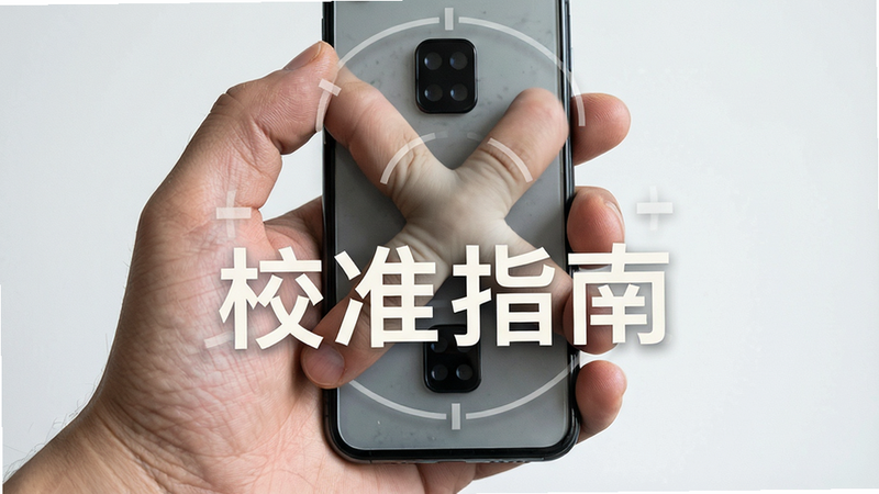 主体为一只手拿着手机进行8字形校准的动作特写,布局紧凑聚焦于手部与手机,排版留白适当,风格写实摄影风,细节展示手指握持姿态与手机背部的传感器位置,画质高清,干净无多余元素,文字内容“校准指南”