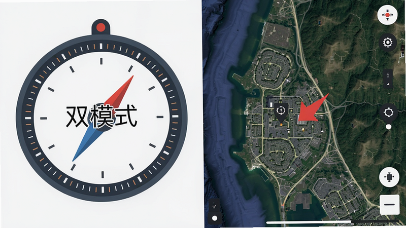 主体为分屏对比图,左侧是圆形罗盘界面,右侧是卫星地图界面,布局左右对称,排版清晰,风格扁平化设计,细节包含罗盘上的刻度线和地图上的红色箭头标记,画质高清,干净无多余元素,文字内容“双模式”
