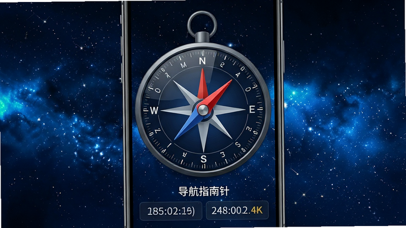 主体为导航指南针APP的手机全屏界面,布局居中显示一个巨大的高精度电子罗盘,指针红色指向北方,背景为深蓝色夜空星空纹理,排版简洁现代,风格科技感强,细节包含屏幕下方的经纬度坐标文本框,画质4k高清,干净无多余元素,文字内容“导航指南针”