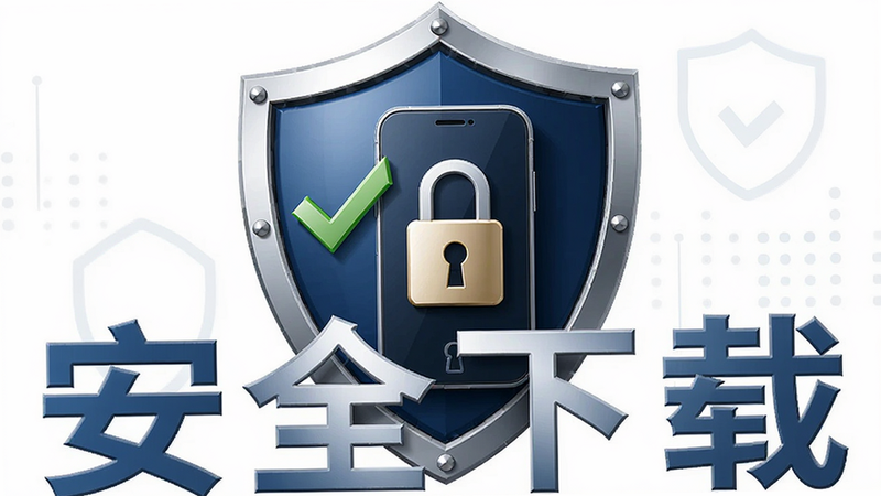 主体为盾牌保护图标与手机安全锁结合的图形,布局中心对称,排版稳重,风格商务安全风,细节展示盾牌上的对勾与手机屏幕上的安全标识,画质高清,干净无多余元素,文字内容“安全下载”