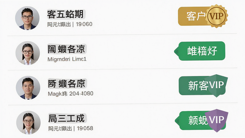 生成一张手机列表界面,展示客户名单,每个客户条目右侧带有不同颜色的标签图标,如金色VIP标签、绿色新客标签,界面设计简洁大方,字体清晰,背景为纯白,突出标签的可视化效果,风格扁平,细节完整,高清画质