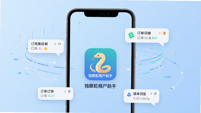 生成一张现代简约风格的手机界面示意图,主体为一部竖立的智能手机,屏幕中央显示“独眼蛇商户助手”的应用图标,背景为柔和的浅蓝色渐变,周围环绕着抽象的数据流线条和订单通知气泡,体现科技感与高效性,排版居中,细节清晰,高清画质,无多余元素