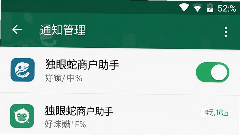 生成一张手机设置界面的截图,显示“通知管理”页面,其中“独眼蛇商户助手”的通知开关处于开启状态,背景为安卓系统标准设置界面,图标清晰,文字可读,风格简洁,高清画质,无多余装饰