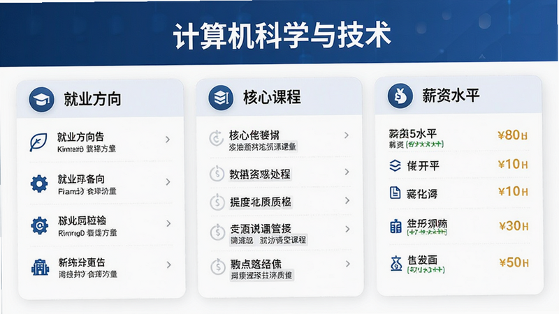主体为专业详情页面,顶部为专业名称“计算机科学与技术”,下方分为“就业方向”、“核心课程”、“薪资水平”三个板块,布局模块化,风格商务简约,细节处有图标辅助说明,画质高分辨率,干净,文字清晰