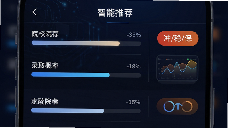 主体为手机端推荐列表界面,左侧显示院校名称与录取概率进度条,右侧为“冲/稳/保”标签,布局整齐,风格科技感强,细节处有数据可视化图表,画质清晰,干净,文字显示“智能推荐”