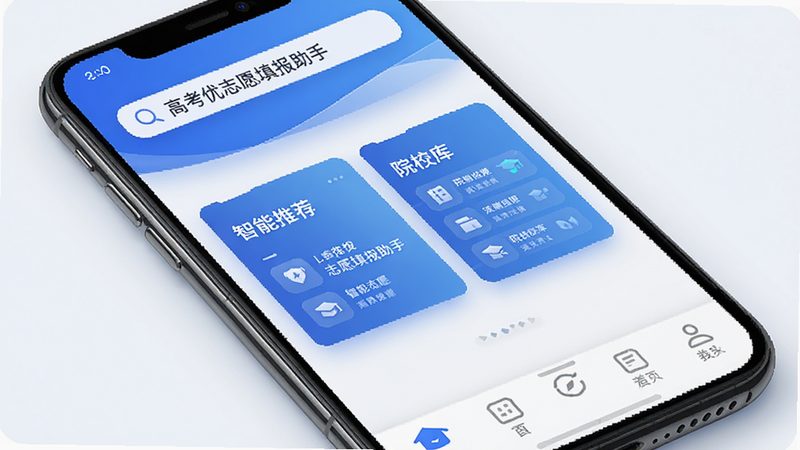 主体为手机屏幕界面,显示“高考优志愿填报助手”APP首页,布局清晰,顶部为搜索栏,中间为“智能推荐”与“院校库”两个大卡片,底部为导航栏,风格简洁现代,蓝色为主色调,细节处有渐变阴影,画质高清,干净无多余元素,文字清晰显示“高考优志愿填报助手”