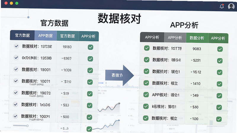 主体为对比表格界面,左侧为“官方数据”,右侧为“APP分析”,中间有连接箭头,布局对称,风格严谨,细节处有对勾图标,画质清晰,干净,文字显示“数据核对”