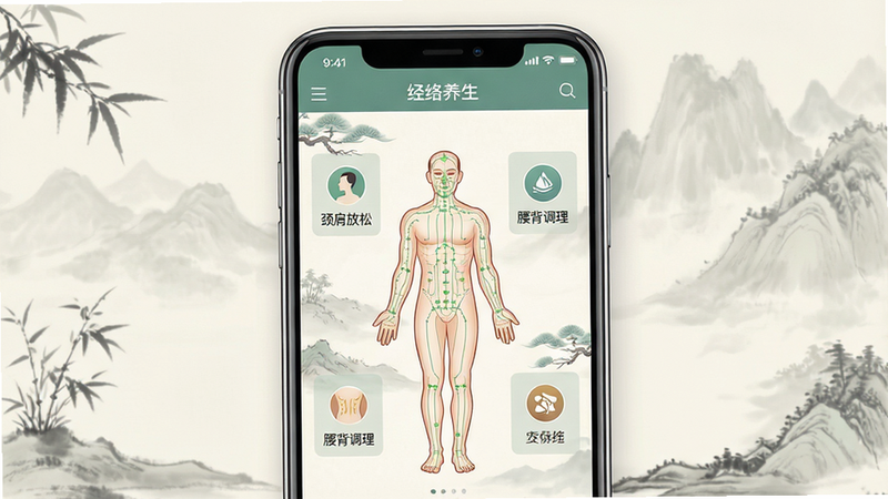 一张高清手机应用界面预览图,主体为“经络养生”APP的主屏幕,背景为淡雅的中式水墨风格,界面中央展示人体经络穴位图,周围分布着“颈肩放松”、“腰背调理”等功能模块,顶部有清晰的导航栏,整体布局规整,色彩柔和,细节精致,4k画质,干净无多余元素