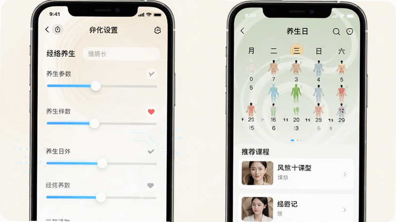 展示“经络养生”APP的个性化设置页面,左侧为滑块式参数选择器,右侧实时生成对应的养生日历和推荐课程列表,背景为柔和的米白色,字体清晰易读,体现科技感与人文关怀的结合,布局平衡,无杂乱元素