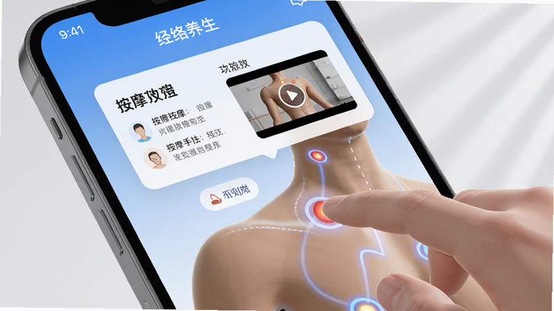 特写镜头展示“经络养生”APP中的3D人体模型,手指正在点击肩颈部的穴位,屏幕上方弹出该穴位的名称、功效及按摩手法视频缩略图,界面设计现代简约,蓝色与白色为主色调,光影效果自然,细节清晰,高清画质