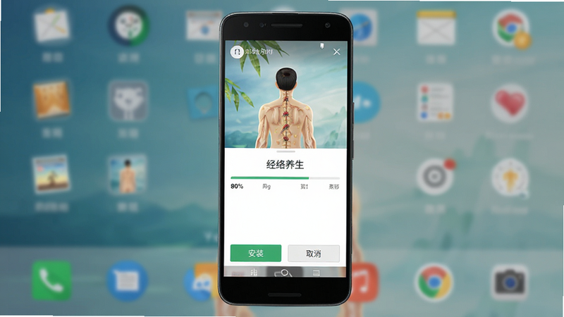 展示“经络养生”APP在安卓手机上的安装界面,进度条显示80%,下方有“安装”和“取消”按钮,背景为模糊的桌面壁纸,界面简洁明了,符合安卓设计规范,高清真实感