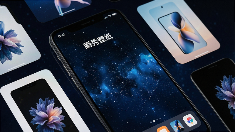 一张展示智能手机桌面的特写图,手机屏幕显示着精美的“瞬秀壁纸”应用界面,背景为深邃的星空动态效果,周围漂浮着若干张高清静态壁纸卡片,布局整洁有序,风格现代科技感,画质清晰锐利,无多余杂物