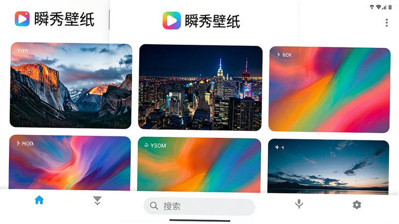 手机应用界面截图,顶部显示“瞬秀壁纸”Logo,中间为网格状排列的高清壁纸缩略图,包括山川、城市夜景和抽象色彩,底部有搜索栏,整体风格简洁明快,色彩鲜艳,画质高清,无水印干扰