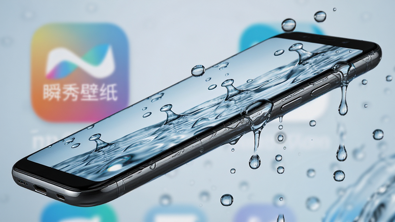 一部安卓手机侧面视角,屏幕播放着动态水流壁纸,水珠在屏幕上仿佛真实流动,背景虚化显示“瞬秀壁纸”应用图标,光影效果逼真,细节丰富,风格写实,画质极佳,无噪点