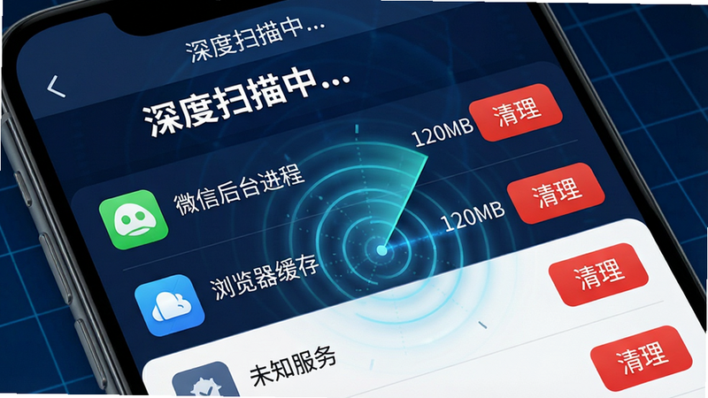 主体为手机屏幕特写,显示“内存优化师”的深度扫描界面。布局为列表式结构,顶部标题栏显示“深度扫描中...”,下方列表项包含“微信后台进程”、“浏览器缓存”、“未知服务”等,每项右侧显示占用内存大小(如“120MB”)和红色的“清理”按钮。风格为科技感UI设计,细节处有扫描雷达波纹动画效果,文字“深度扫描中”、“清理”加粗显示,画质清晰,背景为深蓝色科技网格,干净无杂色。