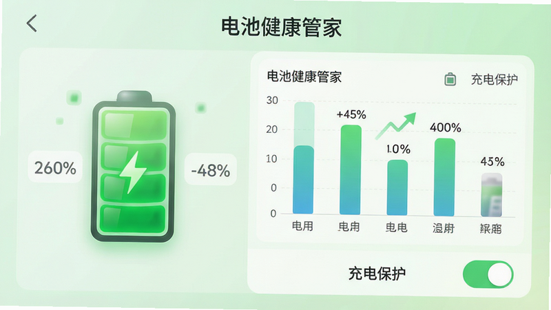 主体为电池管理界面,左侧显示一个充满电的绿色电池图标,右侧为柱状图展示各应用耗电量占比。顶部标题为“电池健康管家”,底部有“充电保护”开关按钮。布局左右分栏,风格清新简约,细节处有电量百分比数字显示,文字“电池健康管家”、“充电保护”清晰可读,画质柔和,背景为淡绿色渐变,干净无杂乱信息。