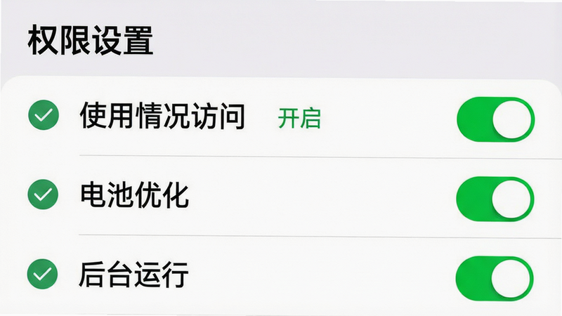 主体为手机设置界面截图,显示“权限管理”列表。布局为列表形式,顶部标题为“权限设置”,下方列出“使用情况访问”、“电池优化”、“后台运行”三个权限项,右侧均为绿色开关开启状态。风格为系统原生UI,细节处有勾选图标,文字“权限管理”、“开启”清晰可见,画质清晰,背景为白色,干净无多余元素,突出权限开启状态。