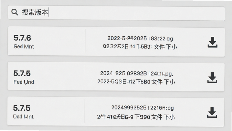 主体为软件历史版本列表界面,背景为浅灰色。布局为卡片式设计,每个卡片显示版本号(如“5.7.6”、“5.7.5”)、发布日期和文件大小。顶部有搜索框,内含文字“搜索版本”。风格简洁实用,细节处有下载箭头图标,文字“历史版本”、“下载”清晰,画质清晰,干净无多余装饰,突出版本选择功能。
