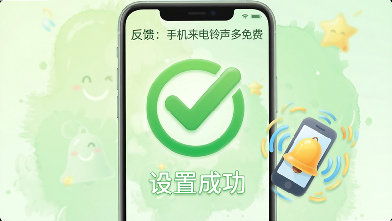 主体为“手机来电铃声多免费”的设置成功反馈界面,布局中心是一个巨大的绿色对勾图标,下方文字显示“设置成功”,旁边有一个手机铃铛图标正在震动。背景为淡绿色晕染,营造轻松愉悦的氛围。风格简洁友好,色彩鲜明,细节柔和,画质高,无复杂背景元素