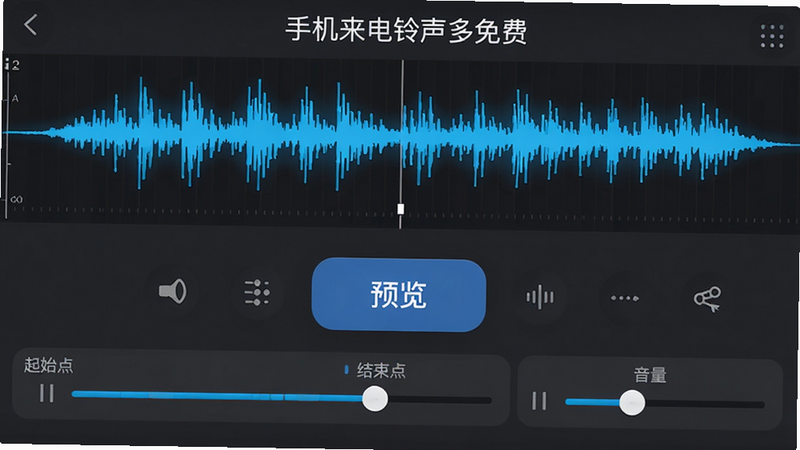 主体为“手机来电铃声多免费”的音频剪辑界面,布局为水平时间轴,上方显示波形图,下方有三个控制滑块(起始点、结束点、音量)。界面中央有一个大的“预览”按钮,周围环绕着简单的操作提示图标。背景为深灰色,突出波形的亮蓝色线条。风格专业而直观,细节丰富,画质高清,无多余UI元素
