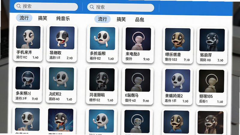 主体为“手机来电铃声多免费”的资源列表界面,布局为卡片式网格排列,每个卡片显示歌曲封面、名称及时长。背景为白色,卡片带有轻微阴影,突出立体感。顶部设有搜索框和分类标签(如“流行”、“搞笑”、“纯音乐”)。风格简洁明了,色彩以蓝白为主,细节清晰,画质高,无杂乱元素