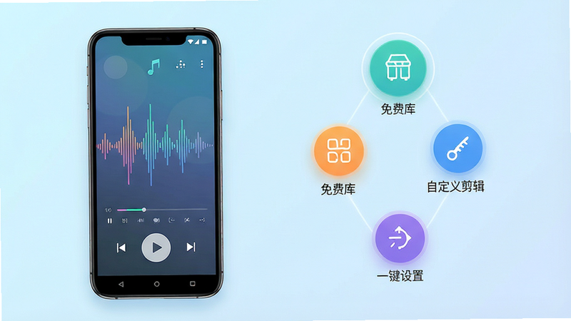 主体为“手机来电铃声多免费”APP的安卓界面全景图,布局采用清新简约风格,背景为柔和的浅蓝色渐变。左侧展示一个正在播放音乐的手机模型,屏幕显示音乐波形动画;右侧悬浮三个圆形功能图标,分别标注“免费库”、“自定义剪辑”、“一键设置”。整体排版整齐,色彩明亮,细节处体现科技感与易用性,画质高清,无多余装饰元素,风格现代扁平化