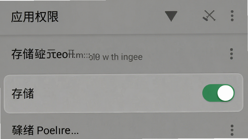 主体为安卓手机设置界面,显示“应用权限”页面,重点高亮“存储”权限开关为开启状态。背景为系统默认灰色,文字清晰,布局标准。风格真实截图感,细节准确,画质高,无干扰元素