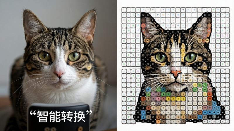 主体为分屏对比图,左侧为一张高清猫咪照片,右侧为对应的拼豆网格图纸,布局左右对称,风格科技感与手工感结合,细节显示网格线与色块对应关系,画质清晰,干净,文字“智能转换”加引号