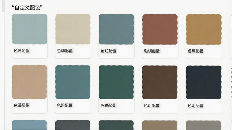 主体为配色管理界面,展示多个色卡列表,布局整齐,每个色卡下方标注色号名称,风格极简主义,细节展示色块与文字对应,画质高清,干净,文字“自定义配色”加引号