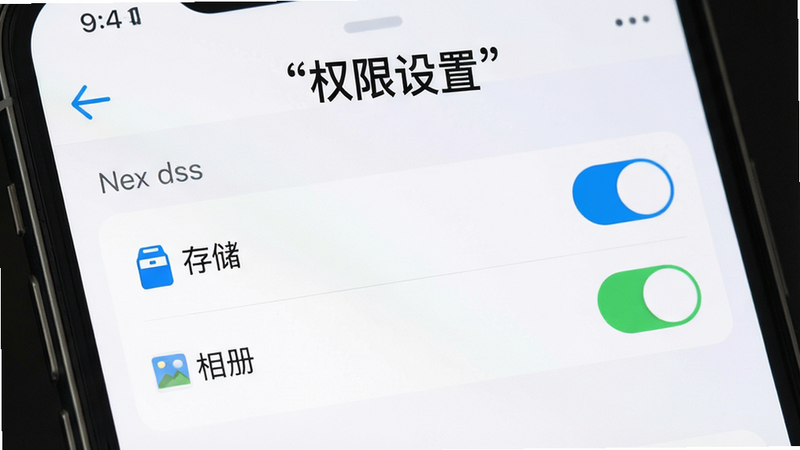主体为手机设置界面,展示权限管理选项,布局简洁,突出“存储”与“相册”权限开关,风格扁平化,细节清晰,画质高清,干净,文字“权限设置”加引号