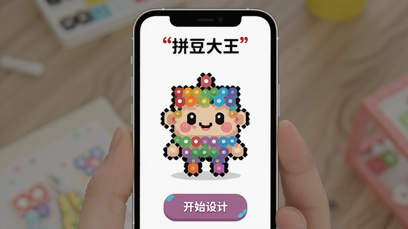 主体为手机屏幕界面,展示拼豆大王APP首页,布局清晰,顶部显示应用名称,中间区域展示一个可爱的像素风格卡通形象由彩色圆点组成,下方有“开始设计”按钮,风格扁平化现代UI,细节丰富,色彩鲜艳饱和,画质高清,干净无多余元素,文字“拼豆大王”加引号