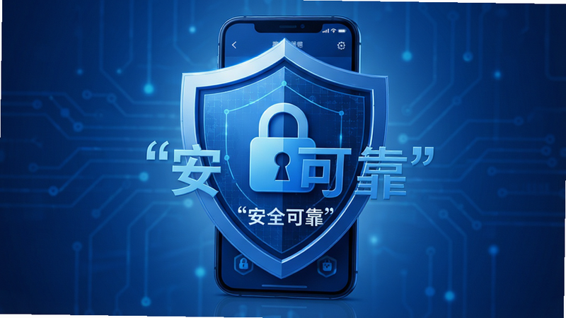 主体为盾牌图标与手机界面组合,象征安全,布局居中,风格科技蓝,细节展示锁形图标,画质高清,干净,文字“安全可靠”加引号