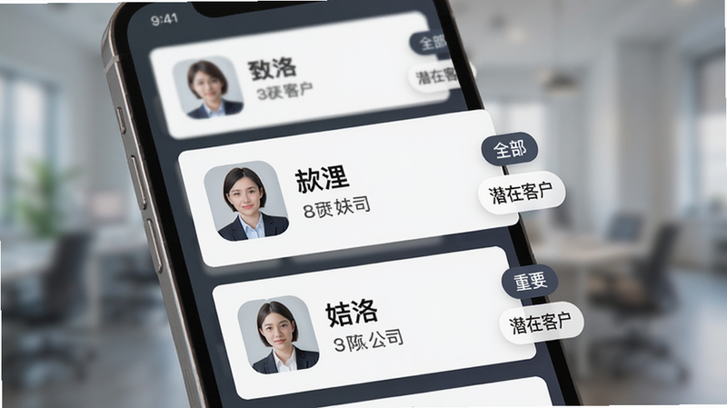 手机界面展示名片列表,采用卡片式布局,每张名片上有人物头像、姓名和公司名,右侧有筛选标签如“全部”、“重要”、“潜在客户”,背景虚化,突出前景的UI元素,高清,无噪点,风格现代,简洁