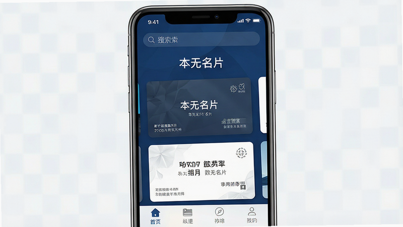 一张高清的智能手机屏幕特写,屏幕中央显示着“本无名片”的应用主界面,背景为深蓝色商务风格,界面布局清晰,顶部有搜索栏,中间展示着几张精美的数字名片卡片,底部有导航栏,整体风格现代简约,画质清晰,无多余元素,干净利落