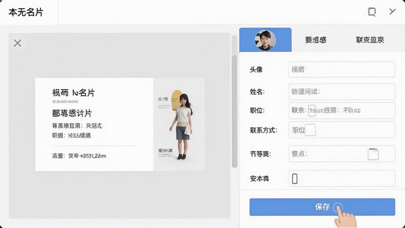 展示“本无名片”编辑界面的截图,左侧为名片预览区,右侧为选项卡,包含头像、姓名、职位、联系方式等字段,用户正在点击“保存”按钮,界面色调为白色与浅灰色,细节丰富,高清渲染,风格扁平化,无水印,干净