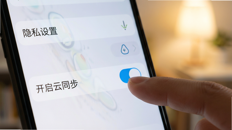 手机设置界面特写,显示“隐私设置”和“数据备份”选项,手指正点击“开启云同步”开关,背景为柔和的室内光线,高清,无模糊,风格简洁,干净