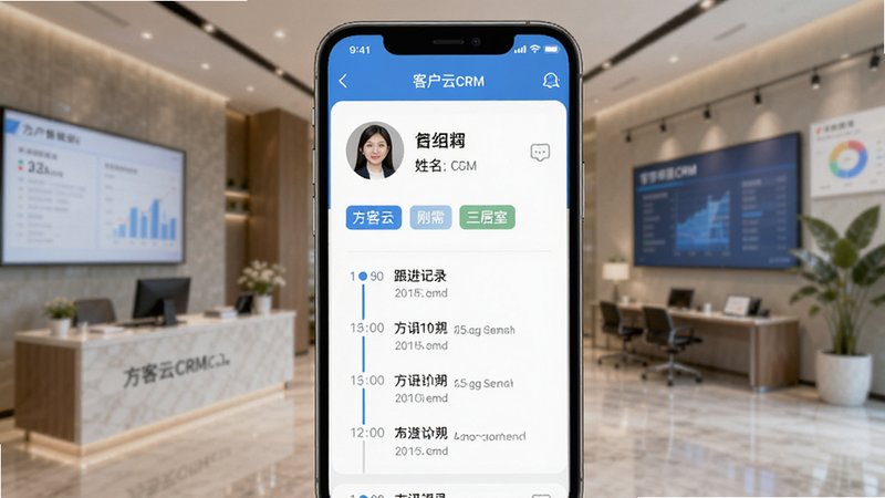 ������CRM��¥ϵͳ���ƶ��˽���չʾ����Ļ������һ����ϸ�Ŀͻ�������Ƭ������ͷ����������ǩ���硰���衱���������ҡ�����������¼ʱ���ߣ�����Ϊģ������¥��ʵ����������Ʊ�ƽ����ɫ�����£�ͻ�����ݿ��ӻ������壬��ˮӡ