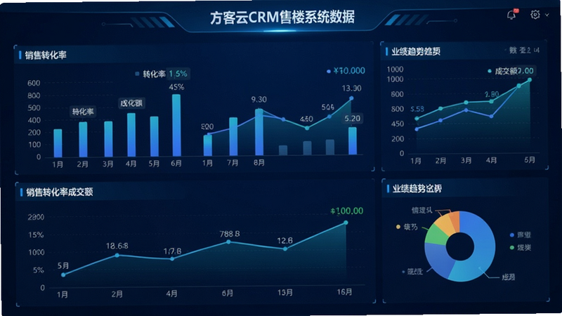������CRM��¥ϵͳ�����ݷ���ͼ�����棬������״ͼ������ͼ�ͱ�ͼ��չʾ����ת���ʺ�ҵ�����ƣ���Ļ����Ϊ����ɫ�Ƽ��磬���ݱ�ǩ�����ɼ����硰ת���ʡ������ɽ�����������ִ���רҵ�����壬������Ԫ��