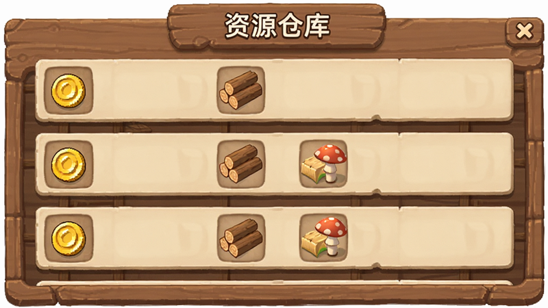 主体为迷你童话小镇的资源仓库界面,布局为列表形式,排版整齐,风格为木质质感UI,细节展示金币和木材图标,画质清晰,干净,无多余元素,文字包含