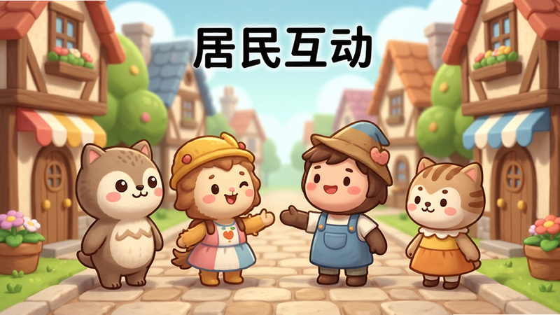 主体为迷你童话小镇中的几个卡通居民角色,布局为角色站在小镇街道上,排版自然分布,风格为Q版可爱画风,细节展示角色表情生动,画质精细,干净,无多余元素,文字包含