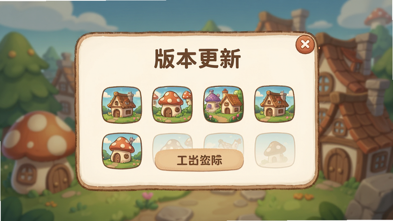 主体为迷你童话小镇的更新公告弹窗,布局为居中显示,排版简洁,风格为温馨卡通,细节展示新版本图标,画质清晰,干净,无多余元素,文字包含